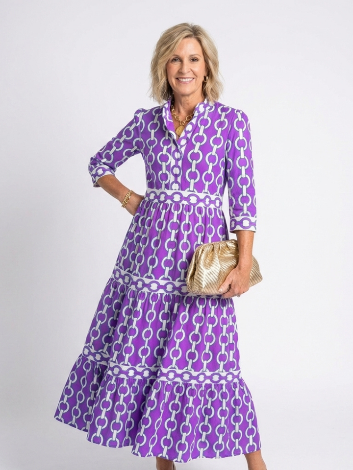 Nina | Three Quarter Sleeve Chain Pattern Midi Dress