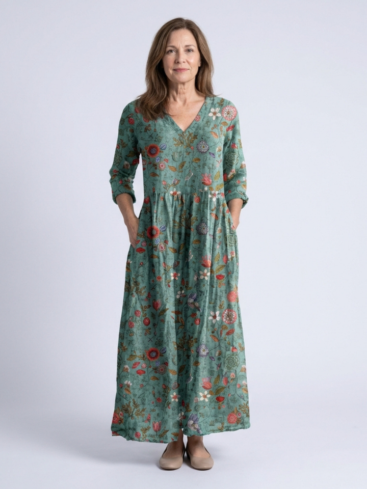 Nokuthula | Floral V Neck Three Quarter Sleeve Maxi Dress