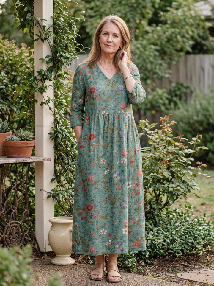Nokuthula | Floral V Neck Three Quarter Sleeve Maxi Dress