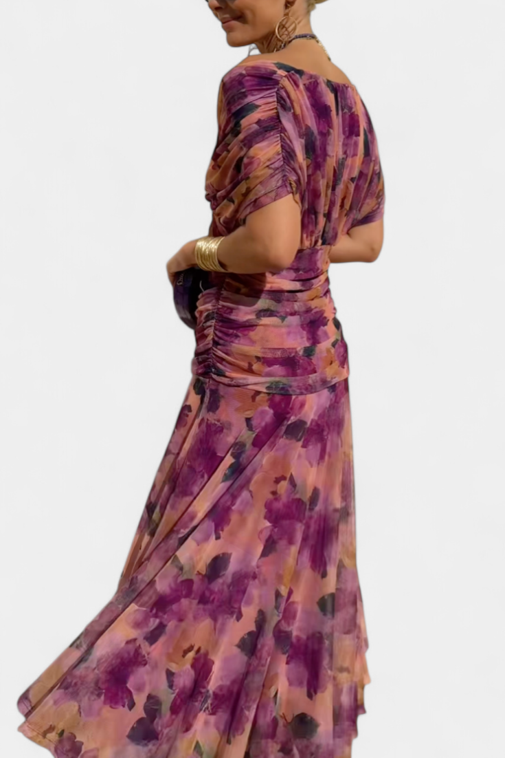 Vasilisa Long Dress with Fantasy Floral Print and V-Neck
