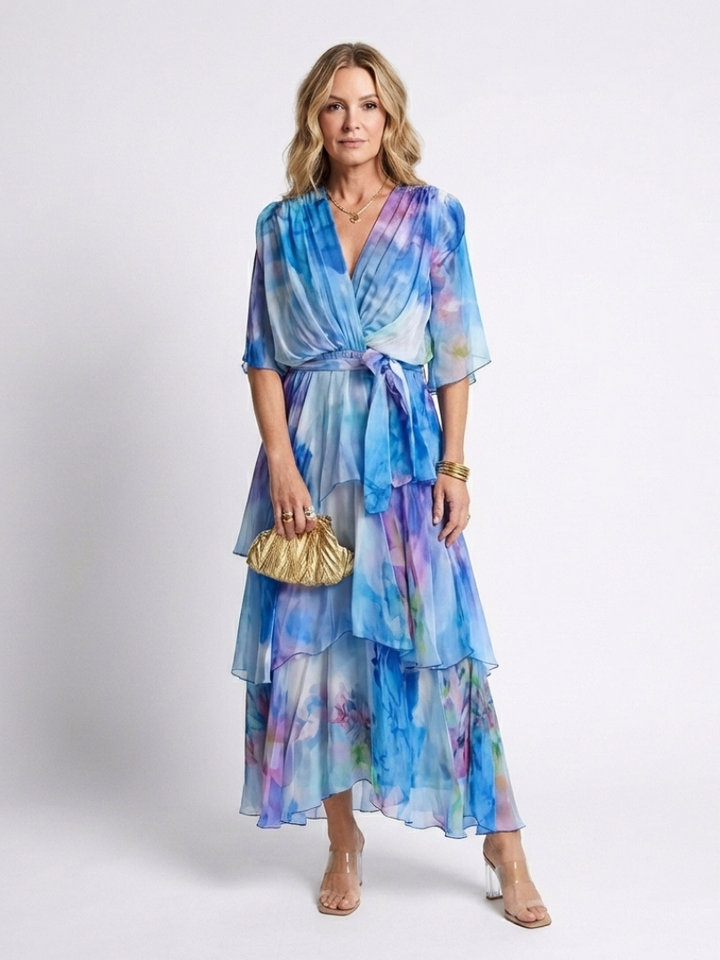 Thandeka | Sheer Layered V Neck Tie Waist Maxi Dress