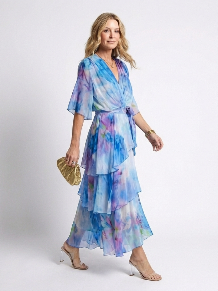 Thandeka | Sheer Layered V Neck Tie Waist Maxi Dress