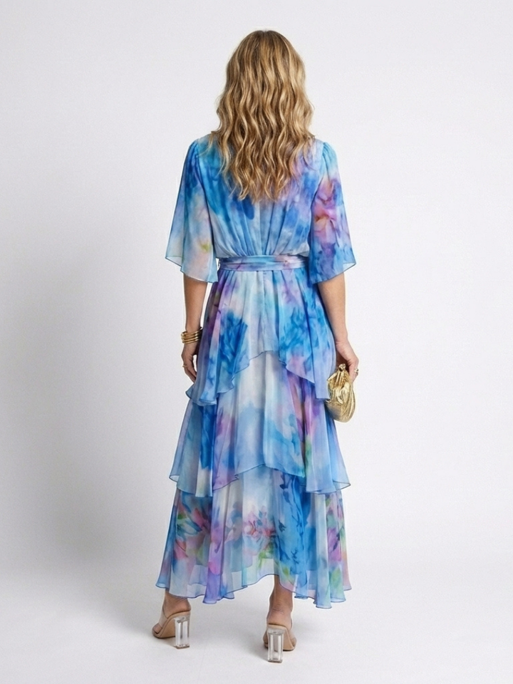 Thandeka | Sheer Layered V Neck Tie Waist Maxi Dress