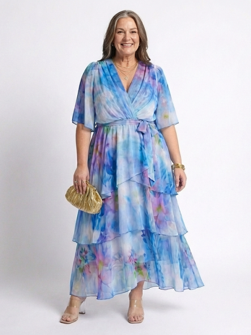 Thandeka | Sheer Layered V Neck Tie Waist Maxi Dress
