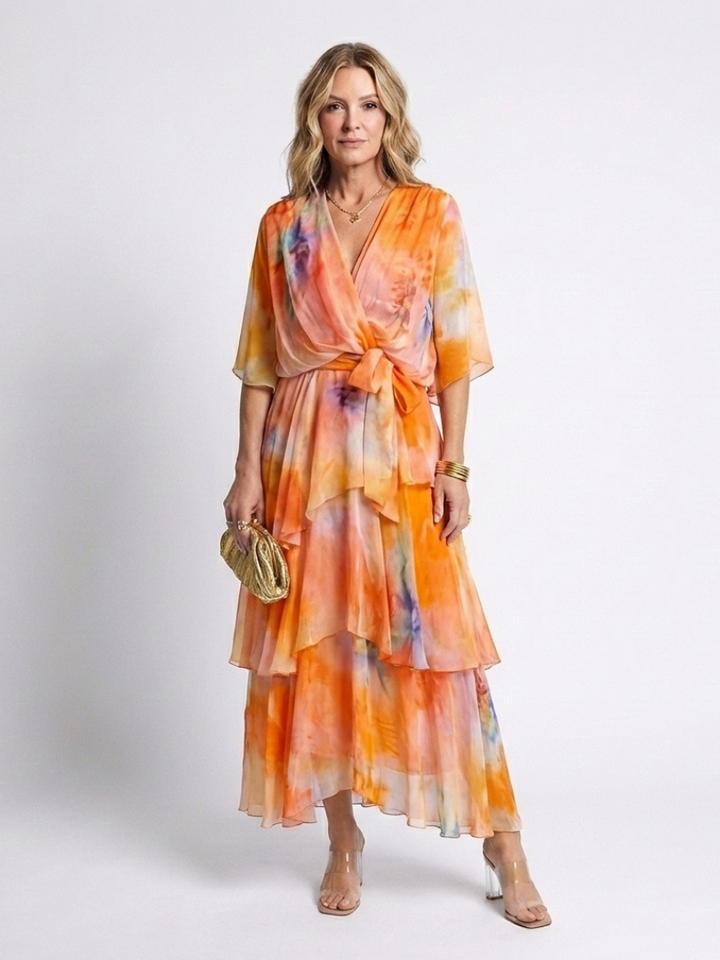 Thandeka | Sheer Layered V Neck Tie Waist Maxi Dress