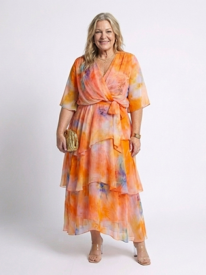 Thandeka | Sheer Layered V Neck Tie Waist Maxi Dress