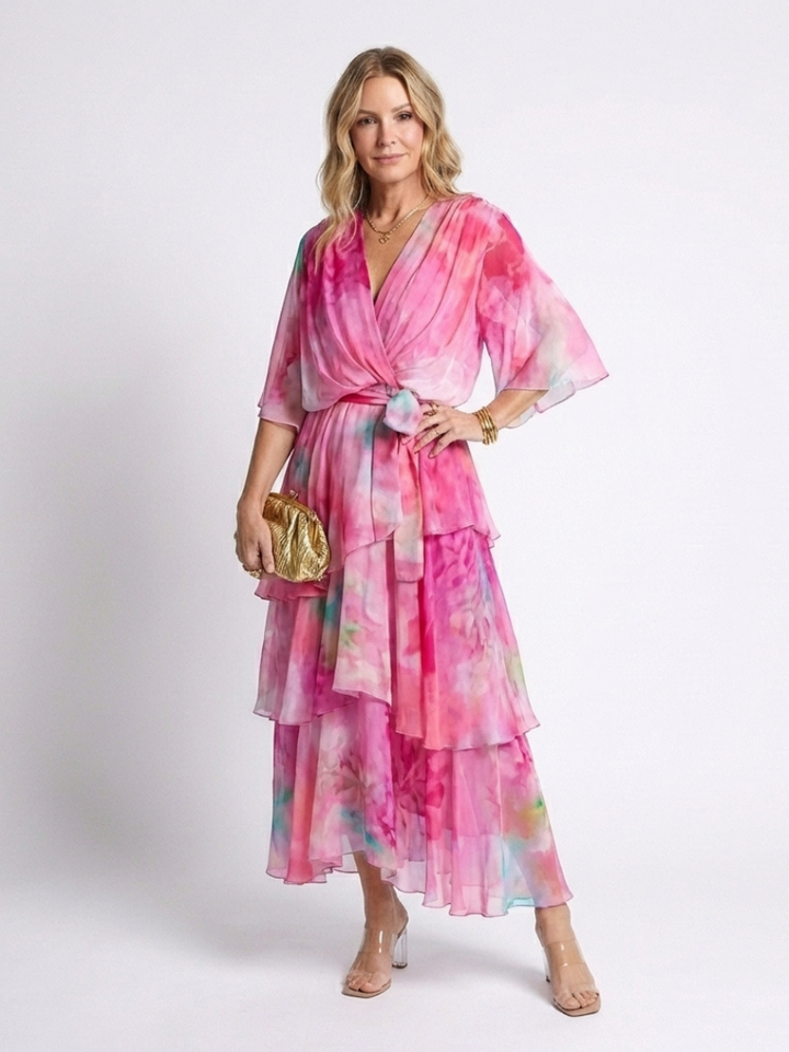 Thandeka | Sheer Layered V Neck Tie Waist Maxi Dress