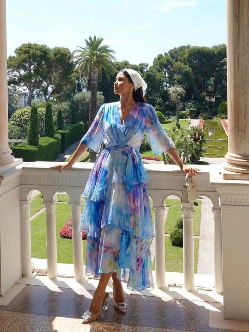 Thandeka | Sheer Layered V Neck Tie Waist Maxi Dress