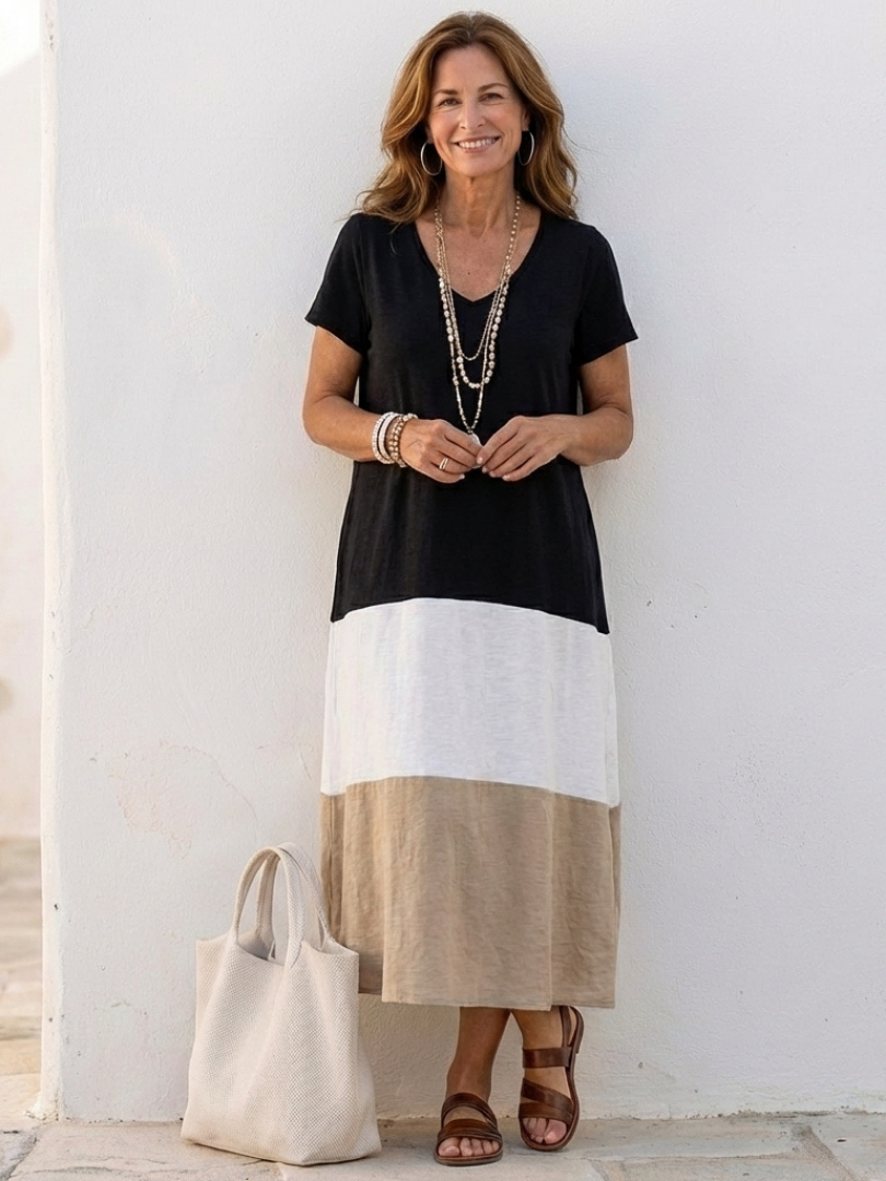 Eirene | Short Sleeve Color Block V Neck Midi Dress