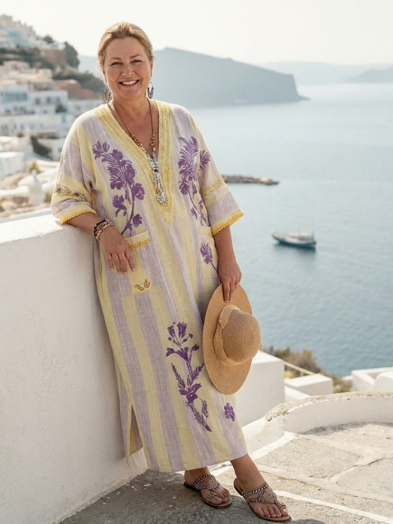 Cyrene | V Neck Half Sleeve Striped Floral Maxi Dress