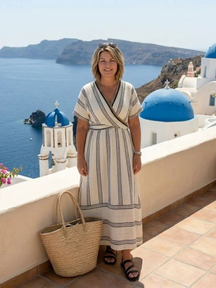 Althea | V Neck Short Sleeve Wrap Waist Midi Dress