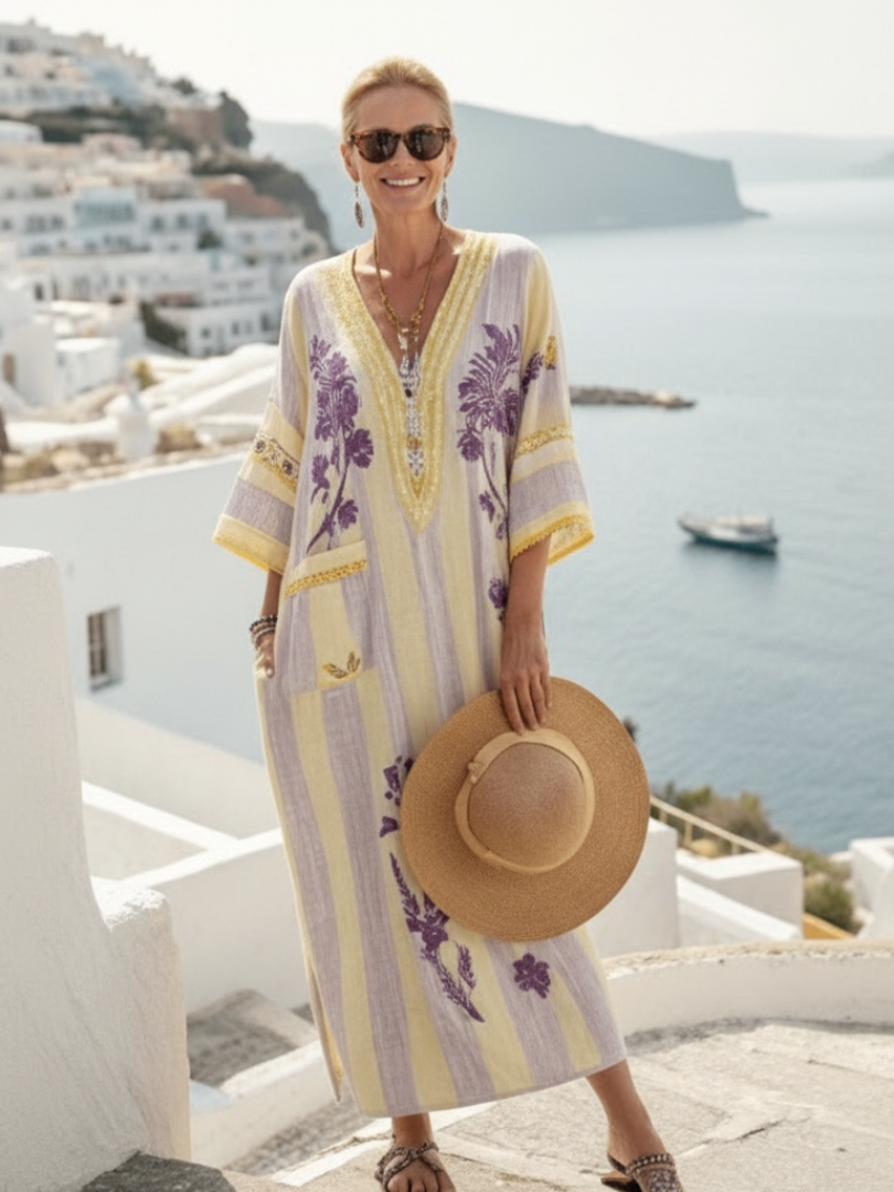 Cyrene | V Neck Half Sleeve Striped Floral Maxi Dress
