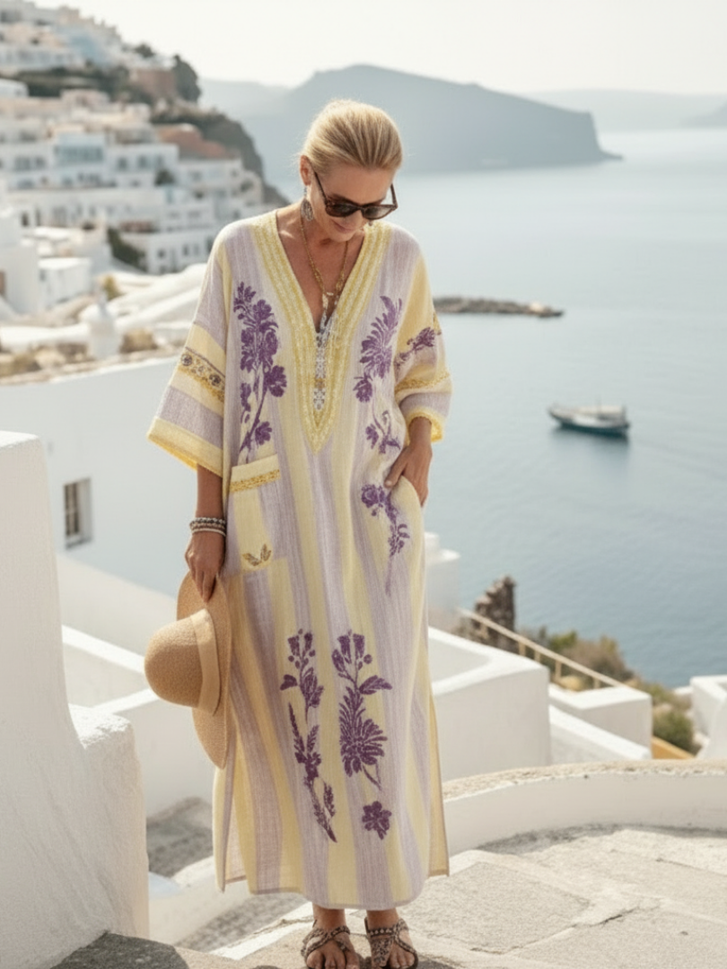 Cyrene | V Neck Half Sleeve Striped Floral Maxi Dress