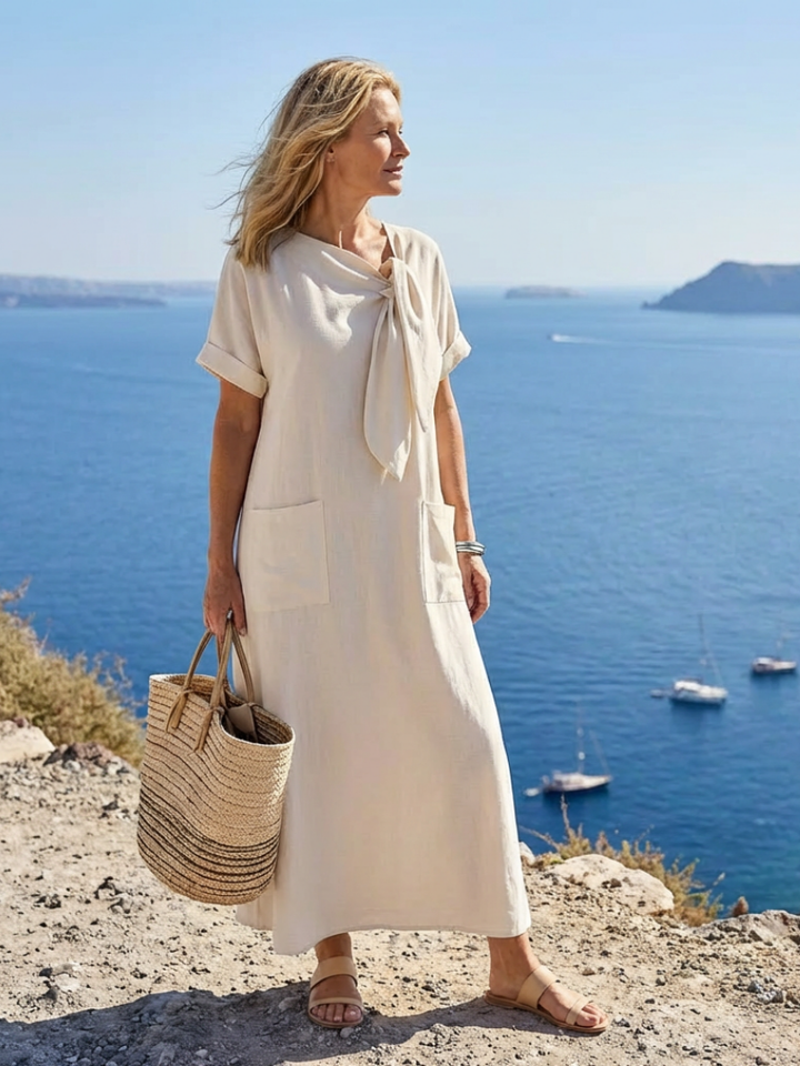 Avelis | Round Neck Short Sleeve Pocket Maxi Dress