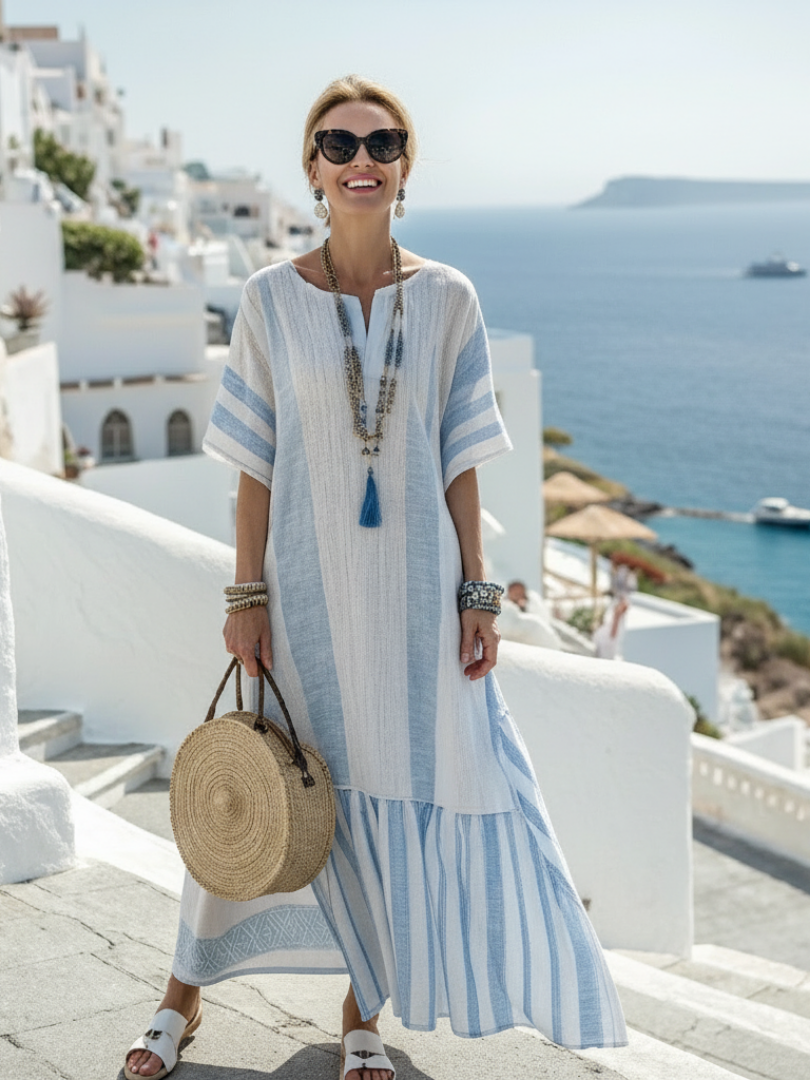 Elowen | Round Neck Short Sleeve Striped Maxi Dress