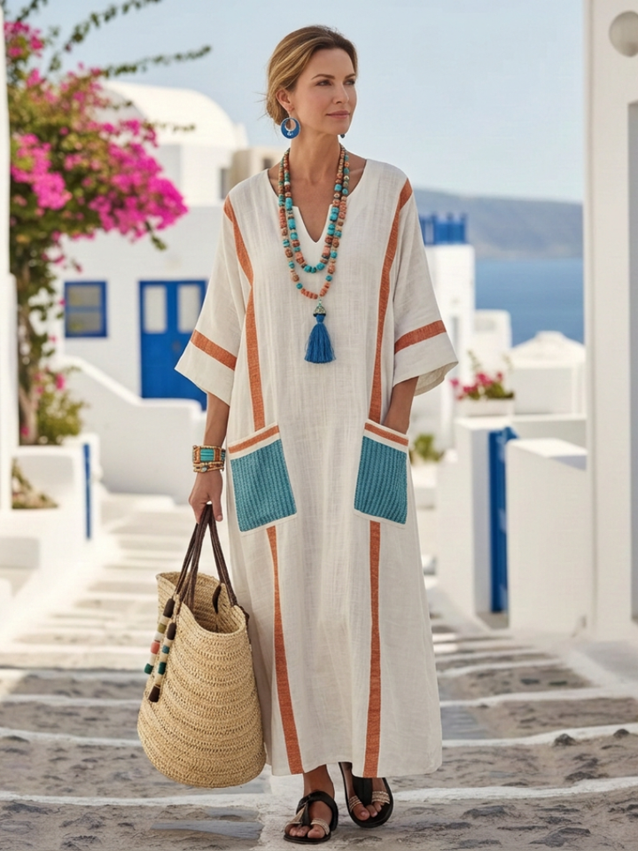 Seraya | V Neck Half Sleeve Pocket Maxi Dress