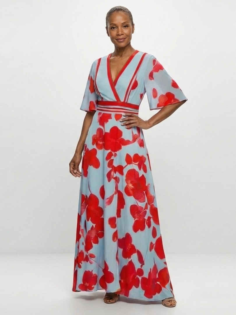 Julia | V Neck Short Sleeve Floral Maxi Dress
