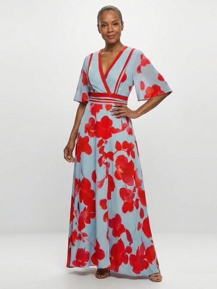 Julia | V Neck Short Sleeve Floral Maxi Dress