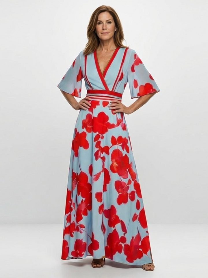 Julia | V Neck Short Sleeve Floral Maxi Dress