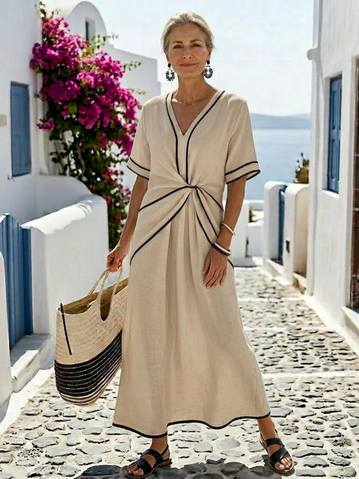 Vireya | V Neck Short Sleeve Gathered Waist Midi Dress