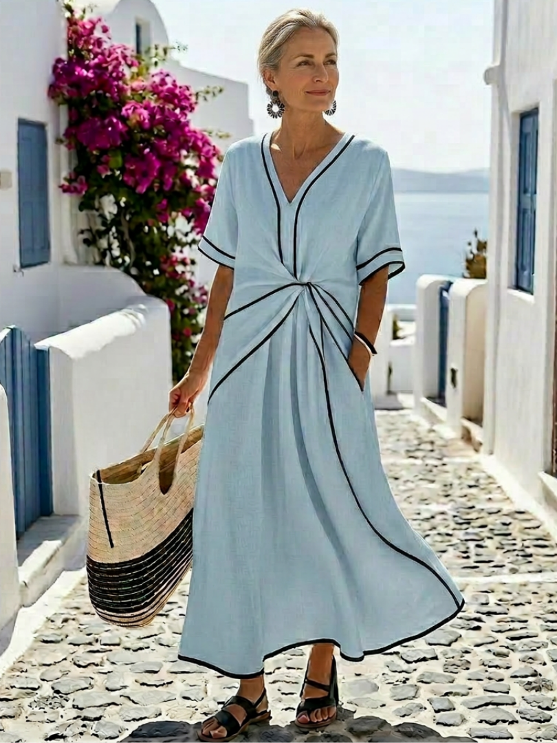 Vireya | V Neck Short Sleeve Gathered Waist Midi Dress