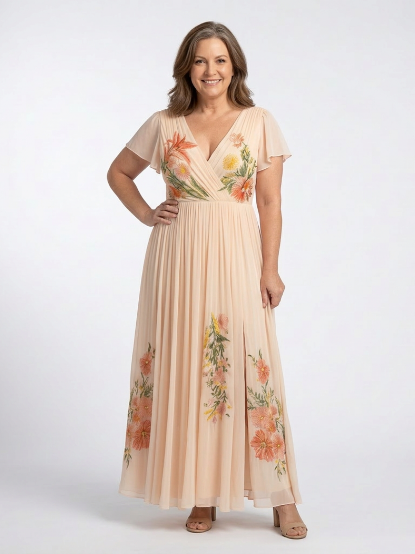 Chloe | V Neck Short Sleeve Pleated Floral Maxi Dress