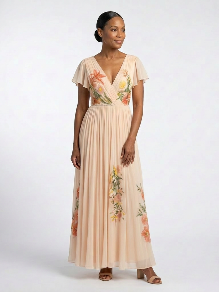 Chloe | V Neck Short Sleeve Pleated Floral Maxi Dress