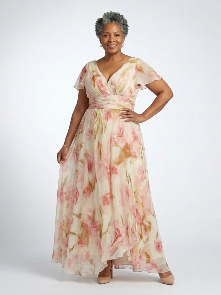 Amelia | V Neck Short Sleeve Floral Maxi Dress