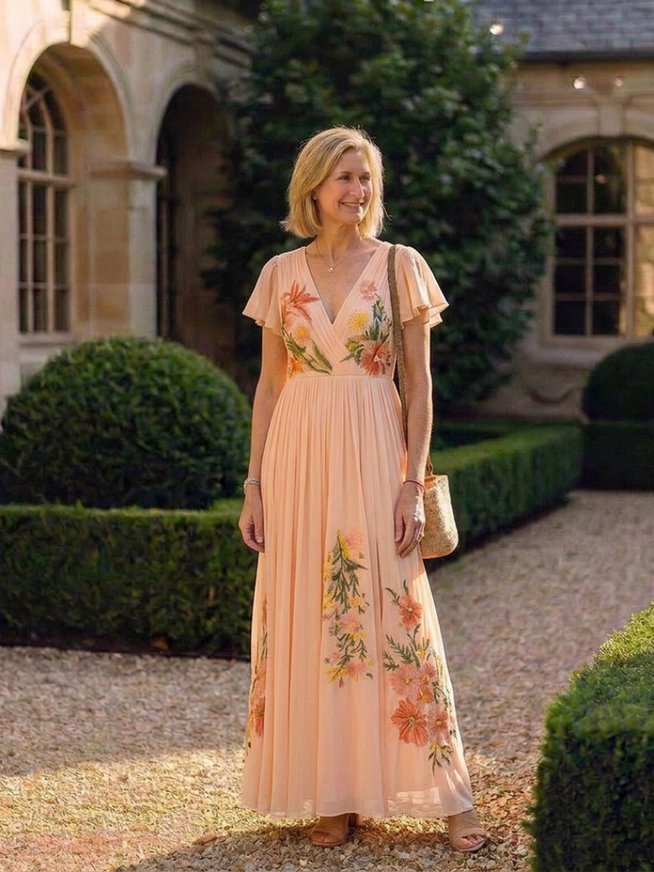 Chloe | V Neck Short Sleeve Pleated Floral Maxi Dress