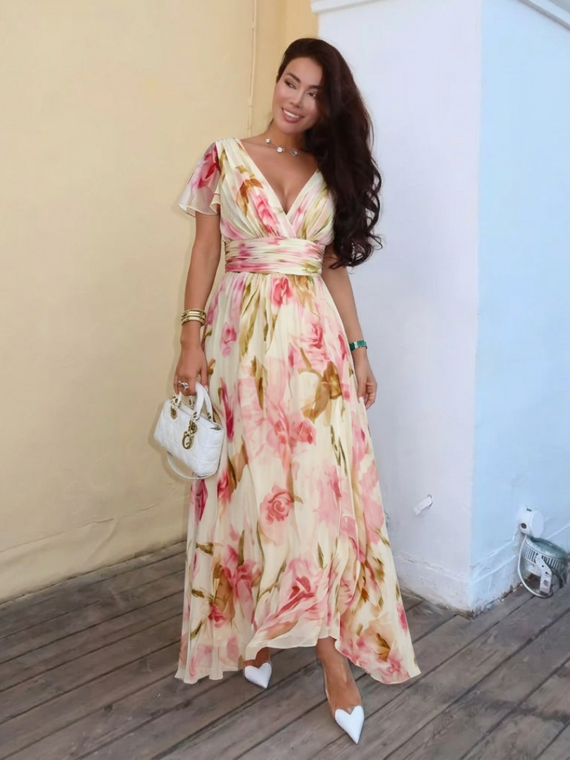 Amelia | V Neck Short Sleeve Floral Maxi Dress