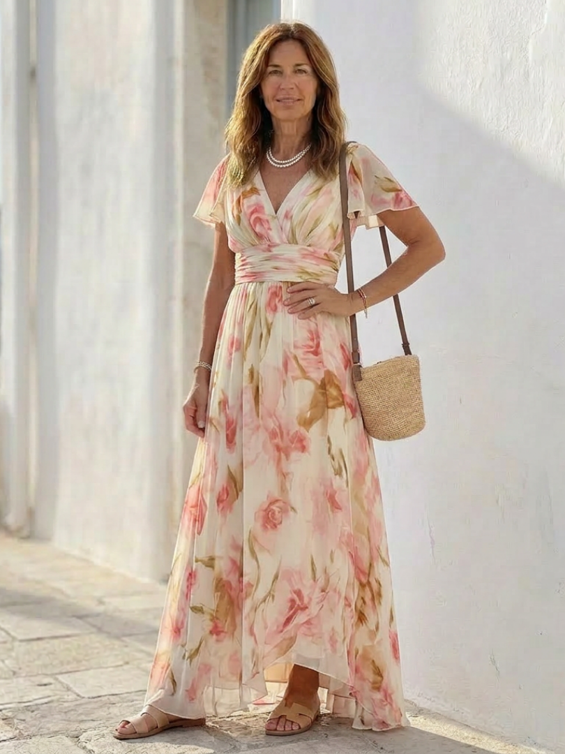 Amelia | V Neck Short Sleeve Floral Maxi Dress