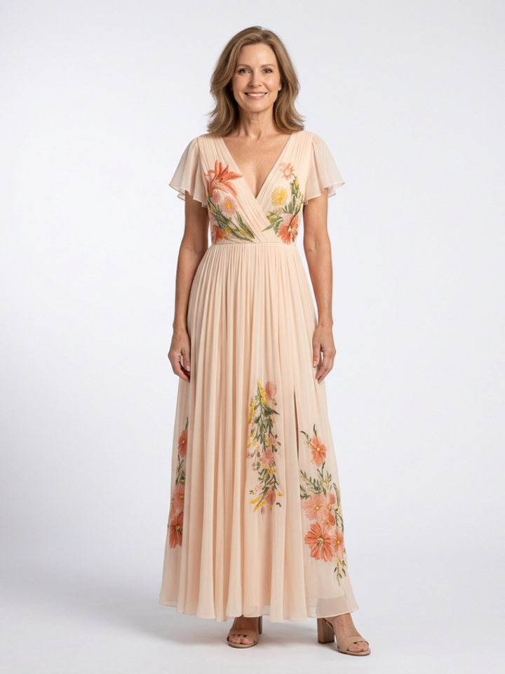 Chloe | V Neck Short Sleeve Pleated Floral Maxi Dress