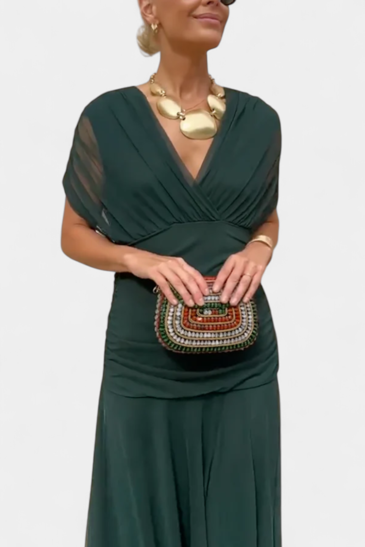 Vasilisa Long Dress with Fantasy Floral Print and V-Neck